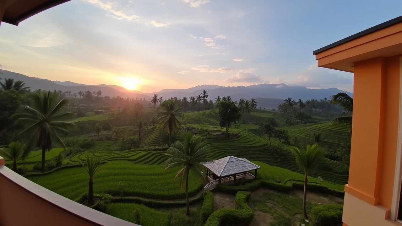 Sunrise at Bali resort overlooking rice fields.