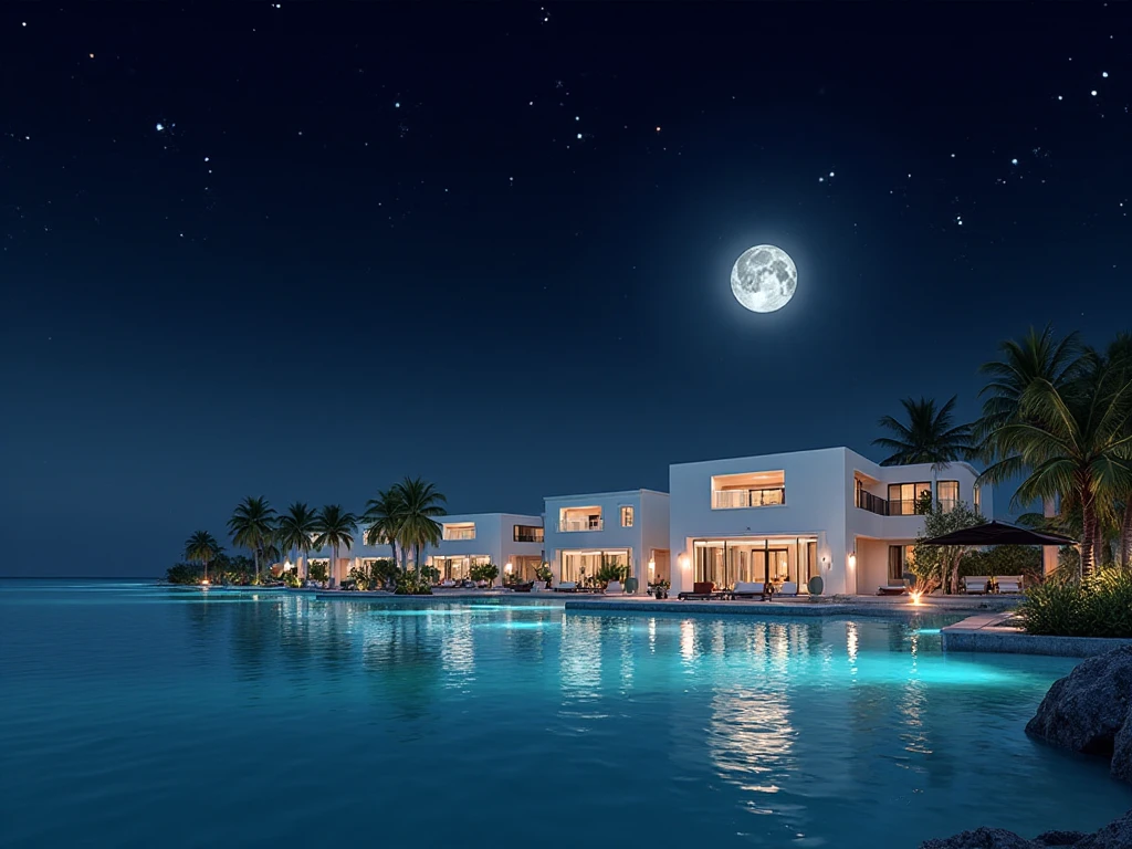Night view of Aruba Ocean Villas with stars shining above the Caribbean Sea.