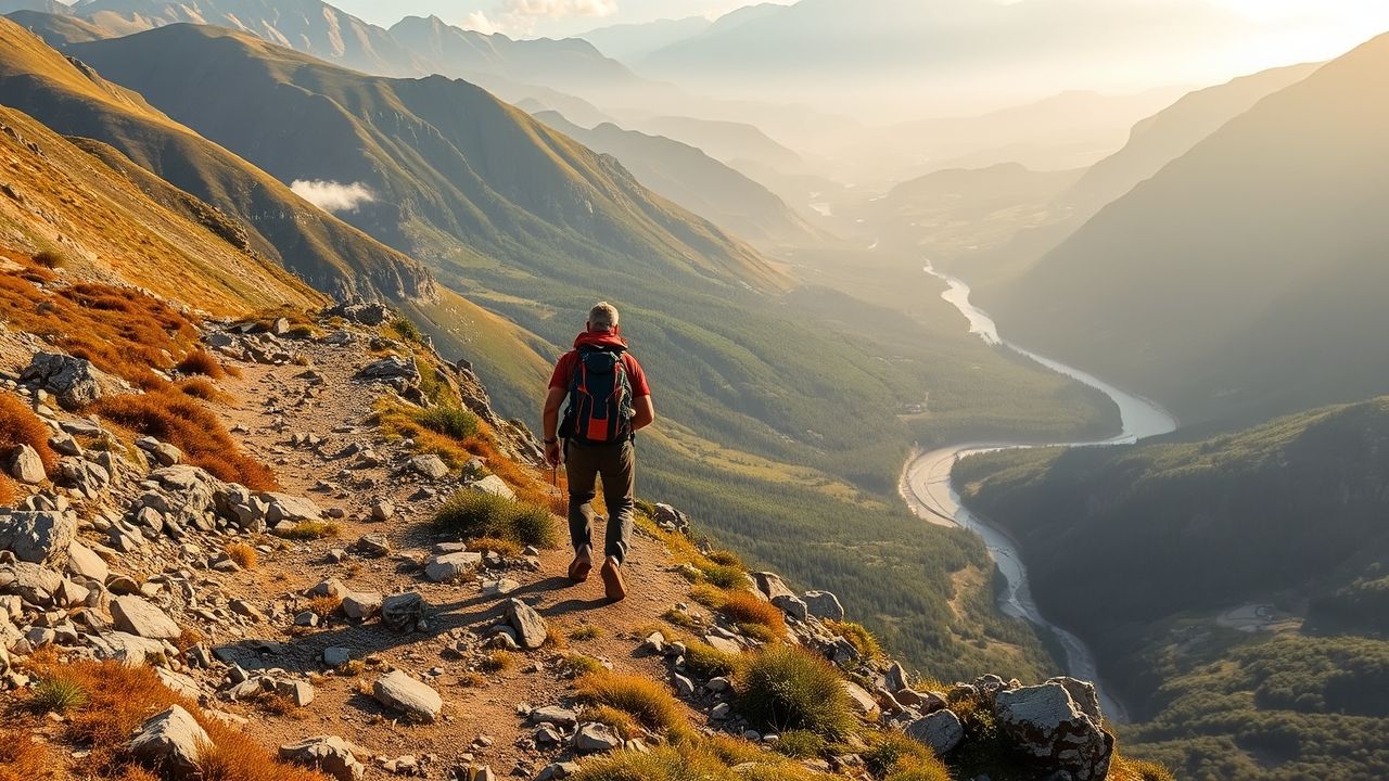 Traveler hiking a remote mountain trail during an overseas adventure travel.