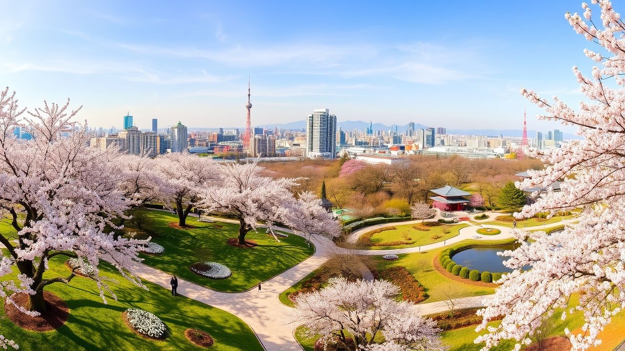 Cherry blossoms blooming in Shinjuku Gyoen Tokyo, Japan in spring.