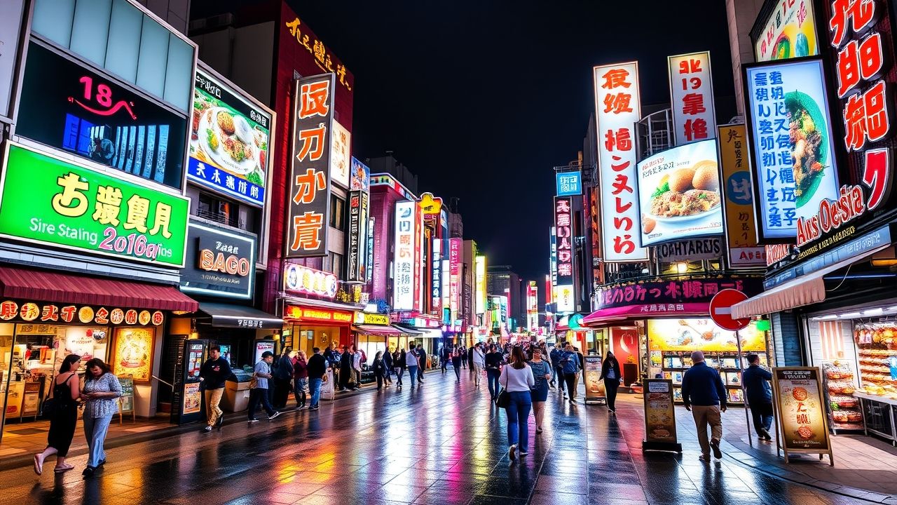 Neon-lit Dotonbori street in Osaka, Japan at night.