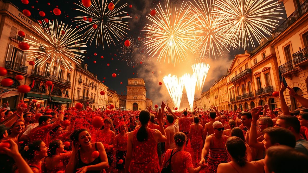 La Tomatina tomato fight festival in Spain contrasted with Bastille Day fireworks in Paris France.