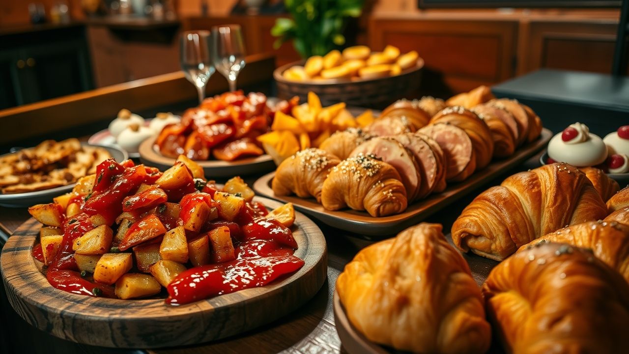 Traditional Spanish tapas with patatas bravas and jamón ibérico next to French croissants and pastries.