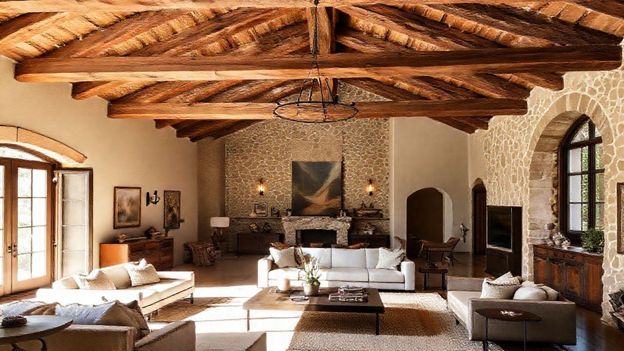 Traditional Tuscan villa living room with wooden beams and modern design.