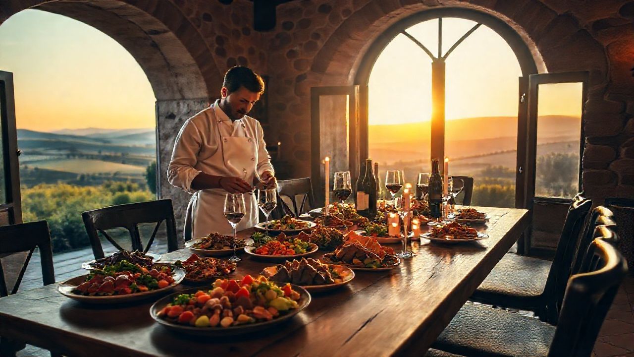 Private chef serving Tuscan cuisine with wine inside a luxury villa.